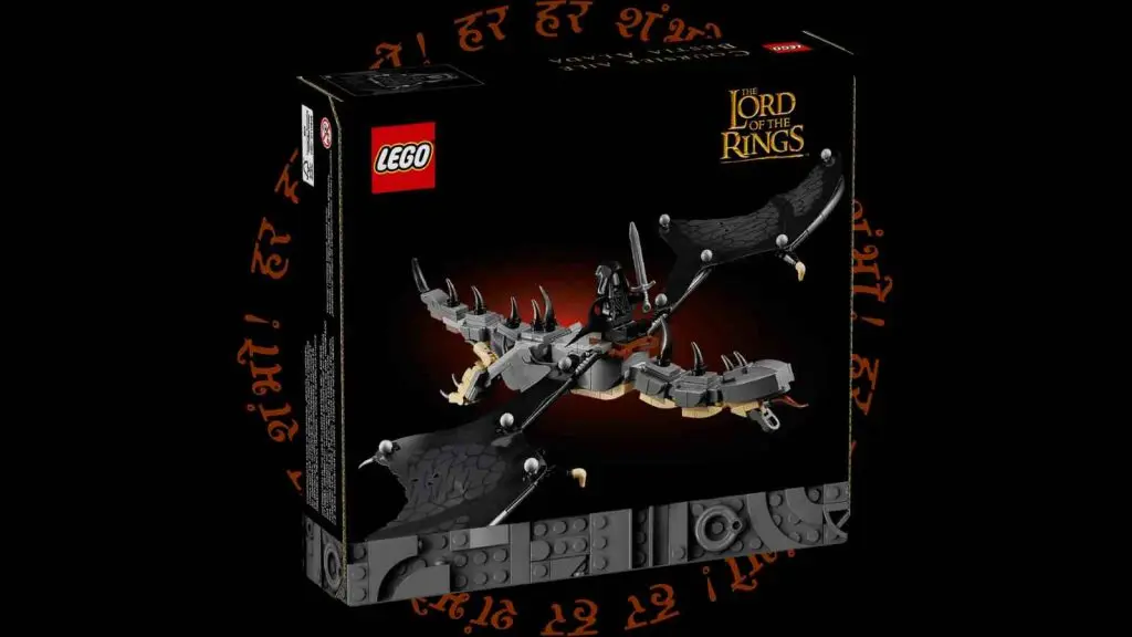 The LEGO Icons The Lord of the Rings: Fell Beast on a black background with a Lord of the Rings graphic