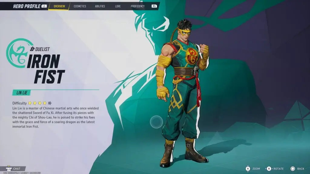 An image of Iron Fist's hero menu in Marvel Rivals.