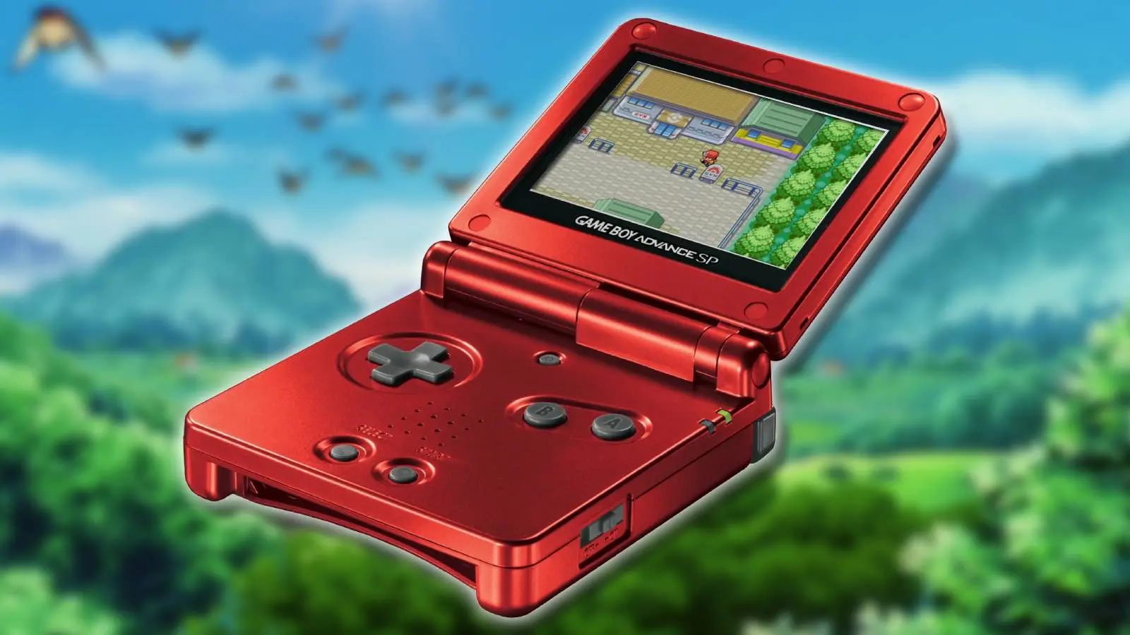 a Game Boy Advance SP is visible in the color red, with Pokemon Leaf Green being played on the screen