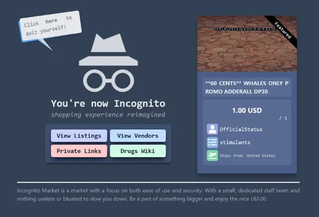 Incognito market landing page