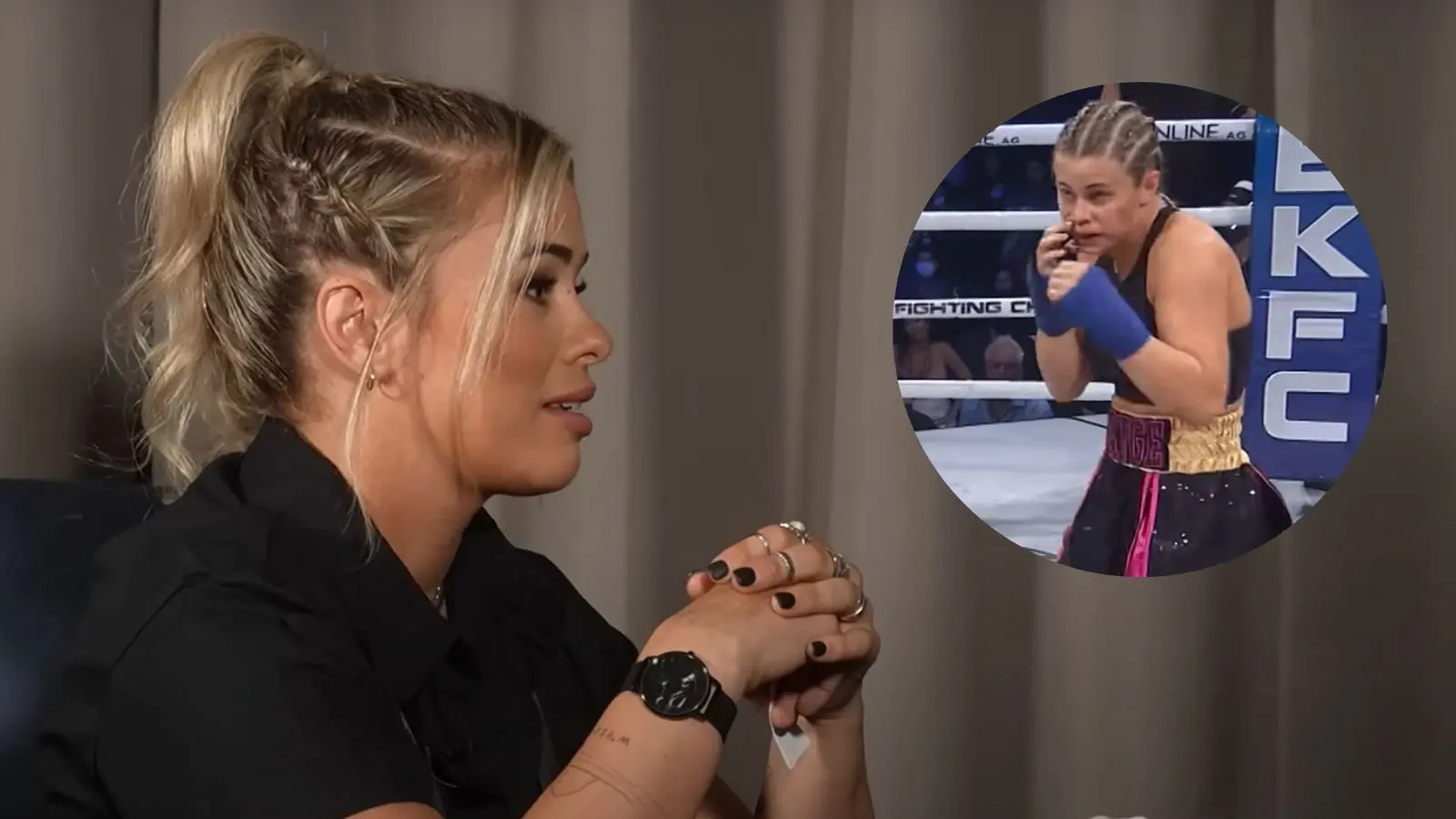 Paige VanZant looks across at an inset of her fighting bare-knuckle