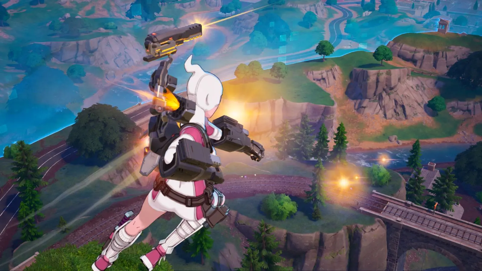 Gwenpool wielding the mythic Machine Arsenal in Fortnite