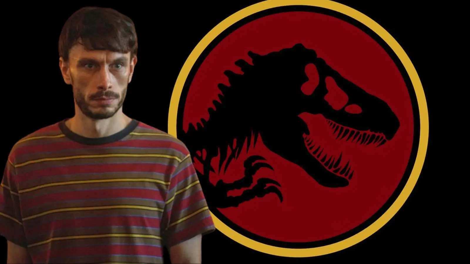 Richard Gadd in Baby Reindeer and the Jurassic World 3 logo