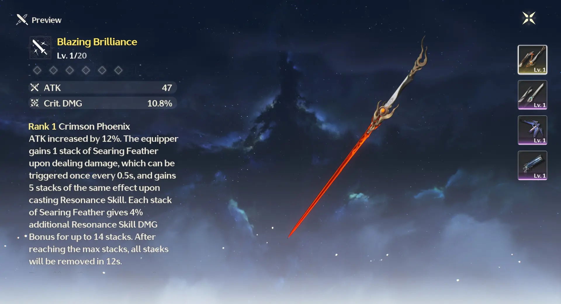 A screenshot of Changli's best weapon in Wuthering Waves.