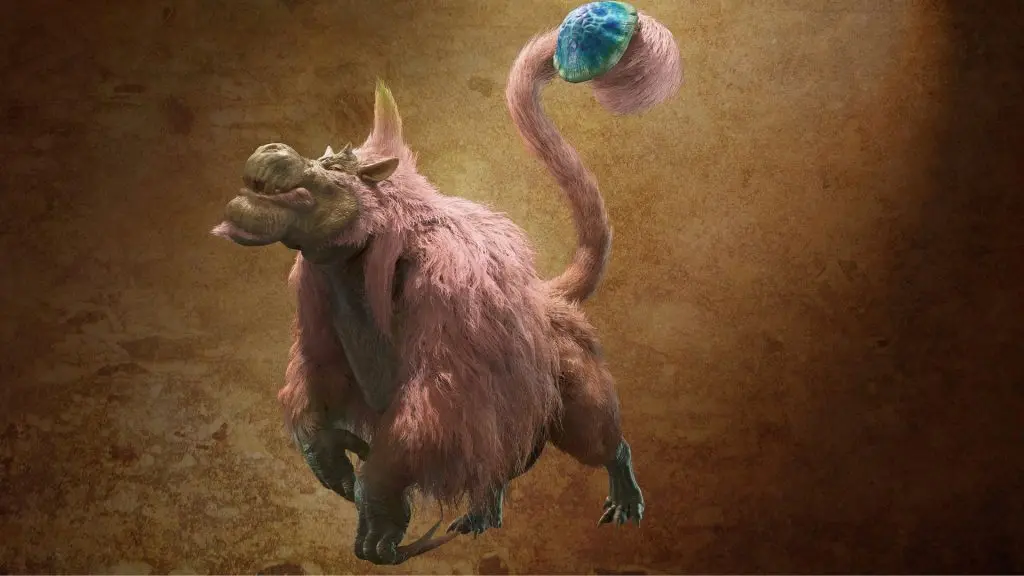 Pink monkey with a mushroom on its tail