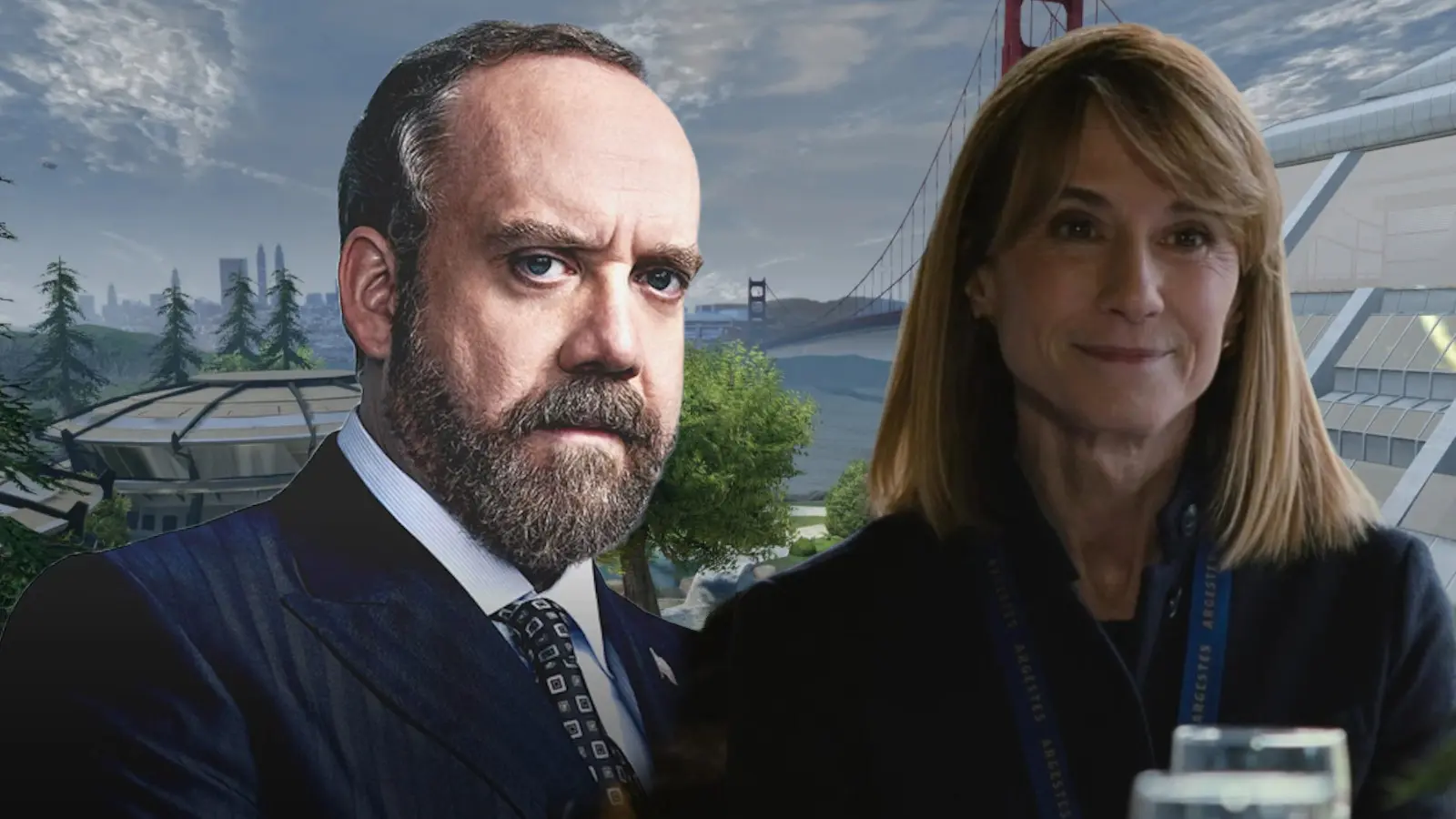 Paul Giamatti in Billions, Holly Hunter in Succession. Background from Star Trek Starfleet Academy