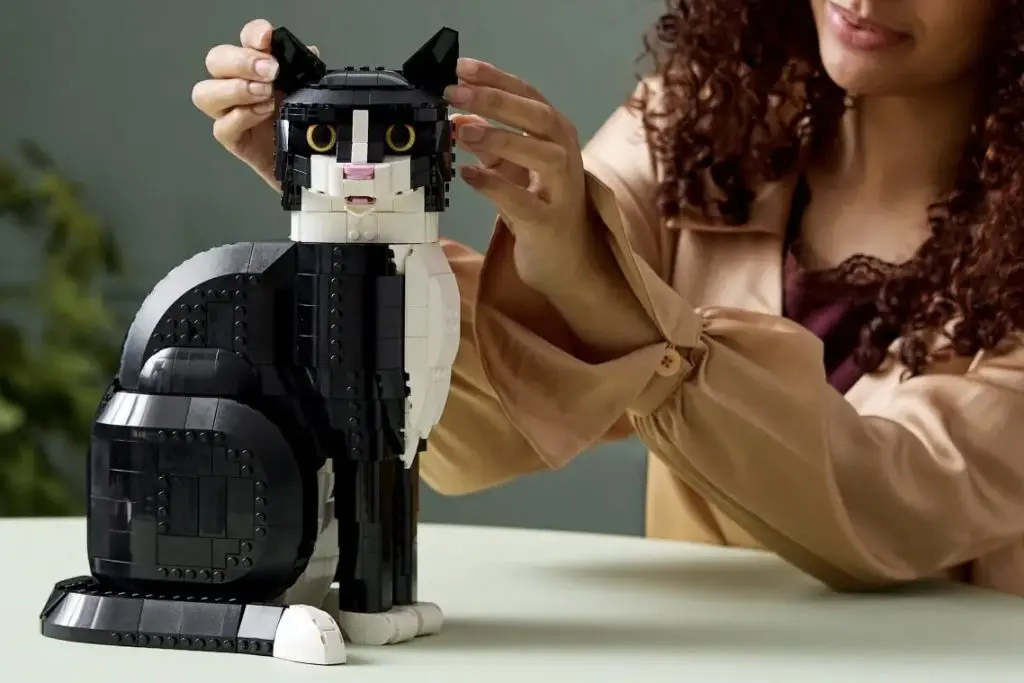 An adult with their LEGO Ideas Tuxedo Cat