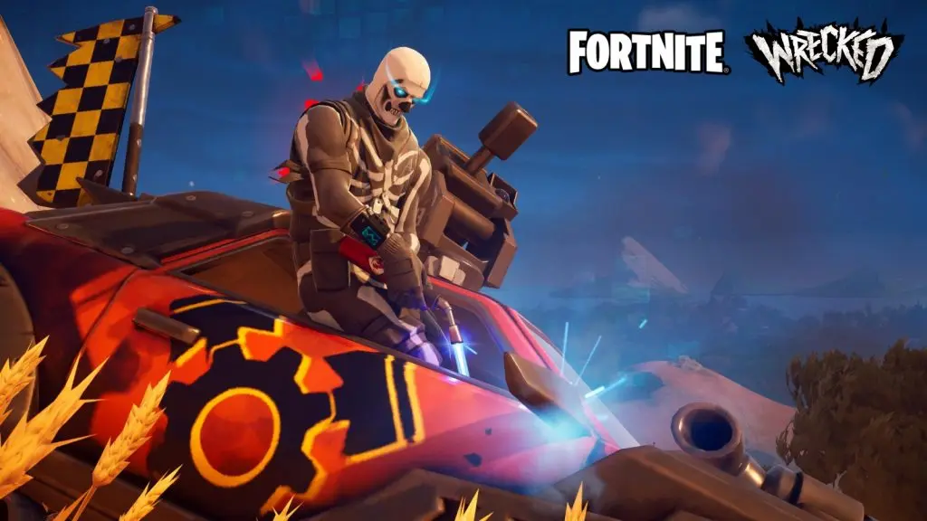 Player repairing a vehicle through a window using a Repair Torch in Fortnite.