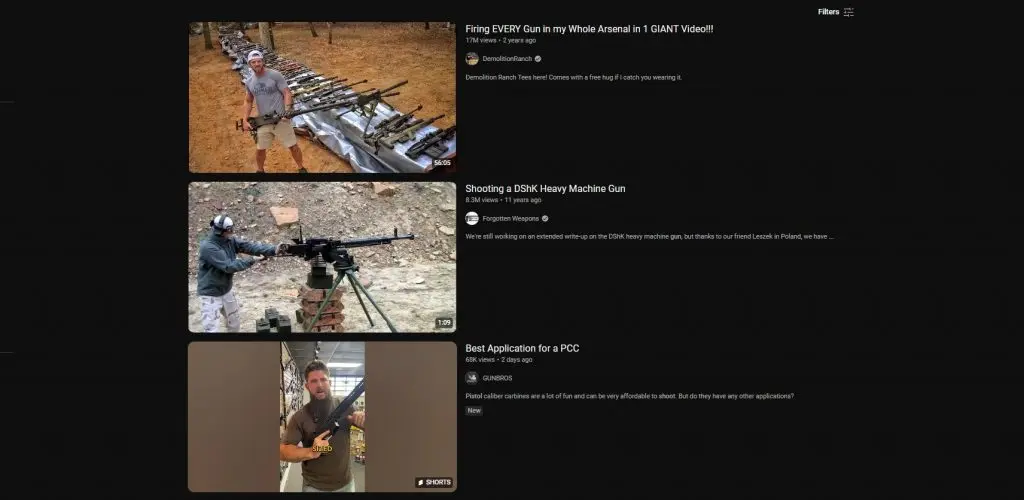 YouTube screenshot of gun videos