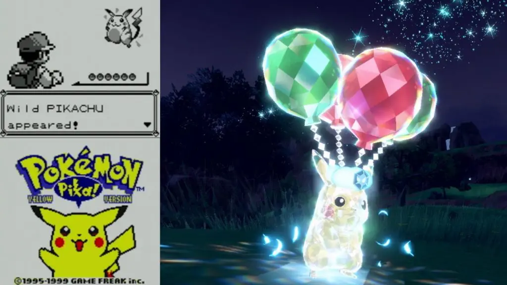 Pokemon Yellow screenshots next to Pikachu Flying Tera from Pokemon Scarlet.