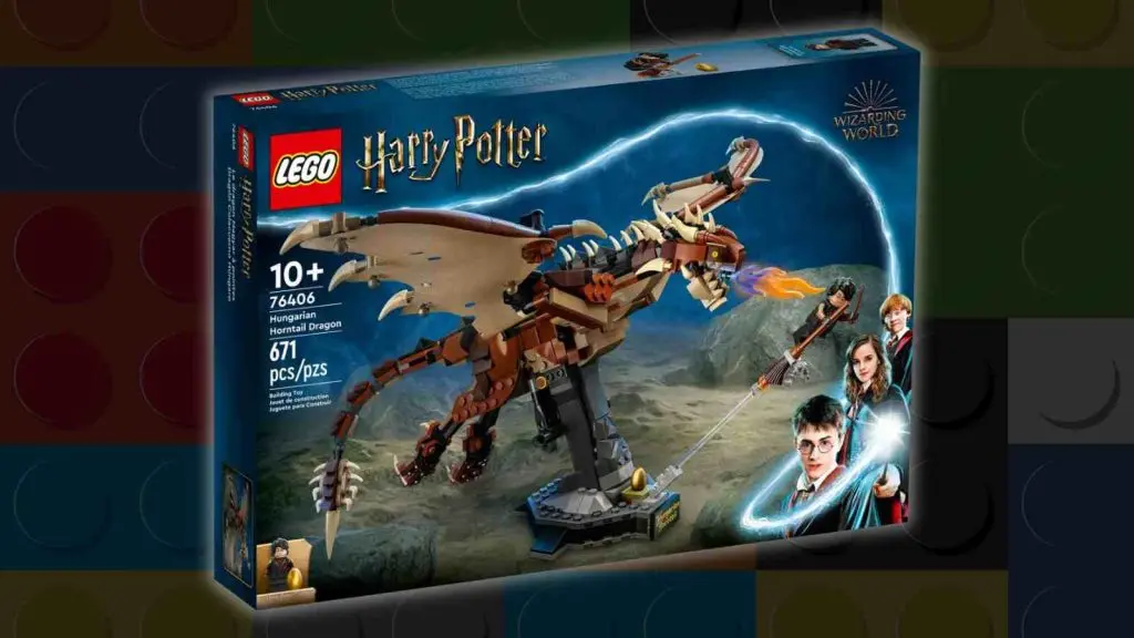 The retired LEGO Harry Potter Hungarian Horntail Dragon on a LEGO background