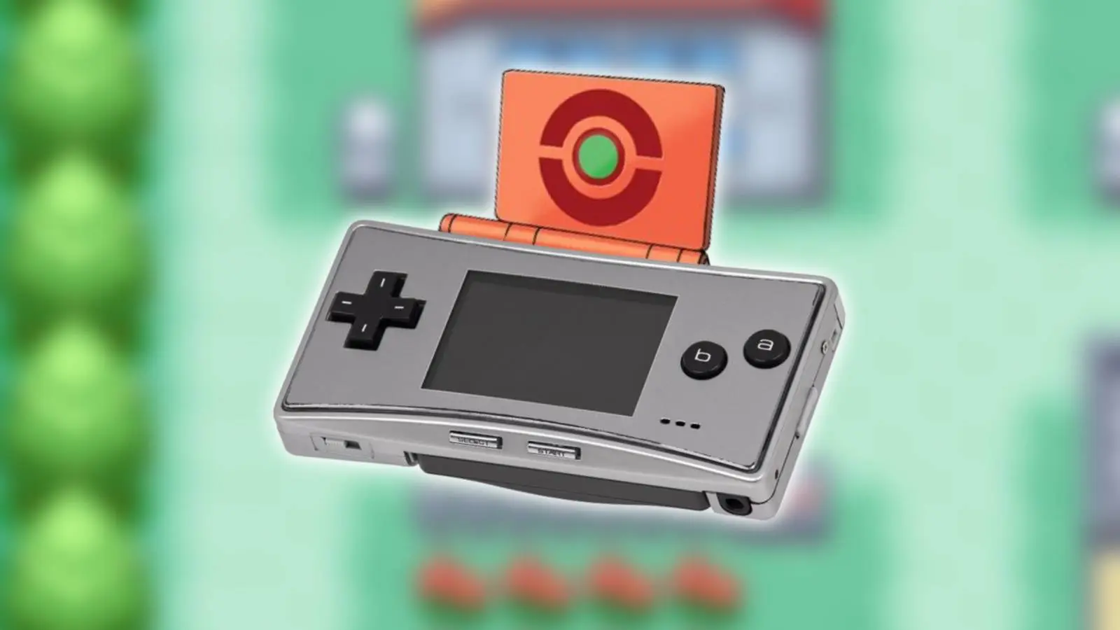 A promotional screenshot from Pokemon Fire Red/Leaf Green, with a Game Boy Micro and a Pokedex on top.