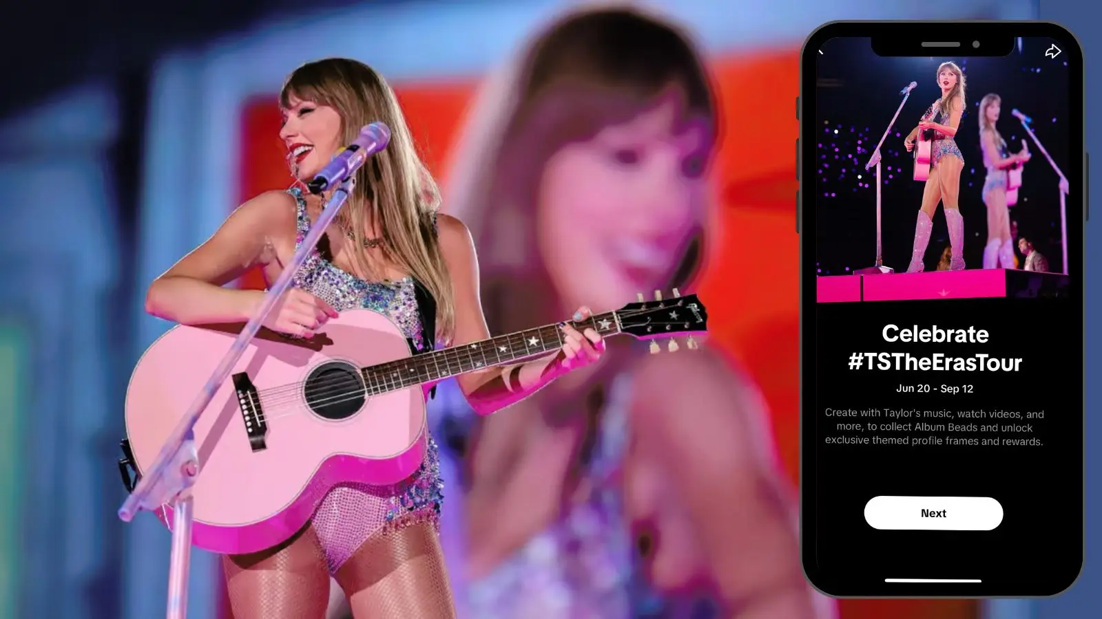 Taylor Swift performing, phone with TikTok event