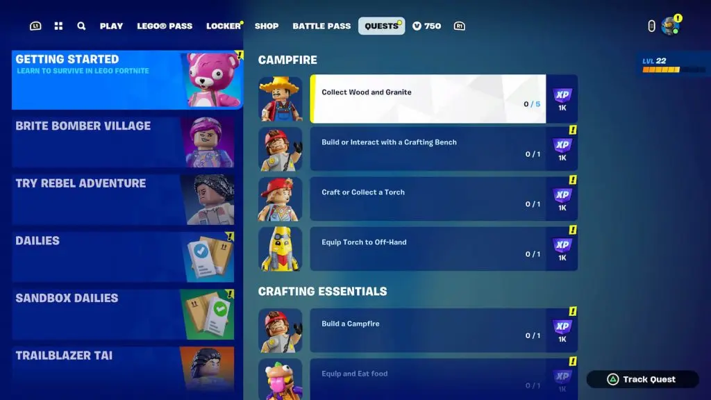 Lego Fortnite getting started quests