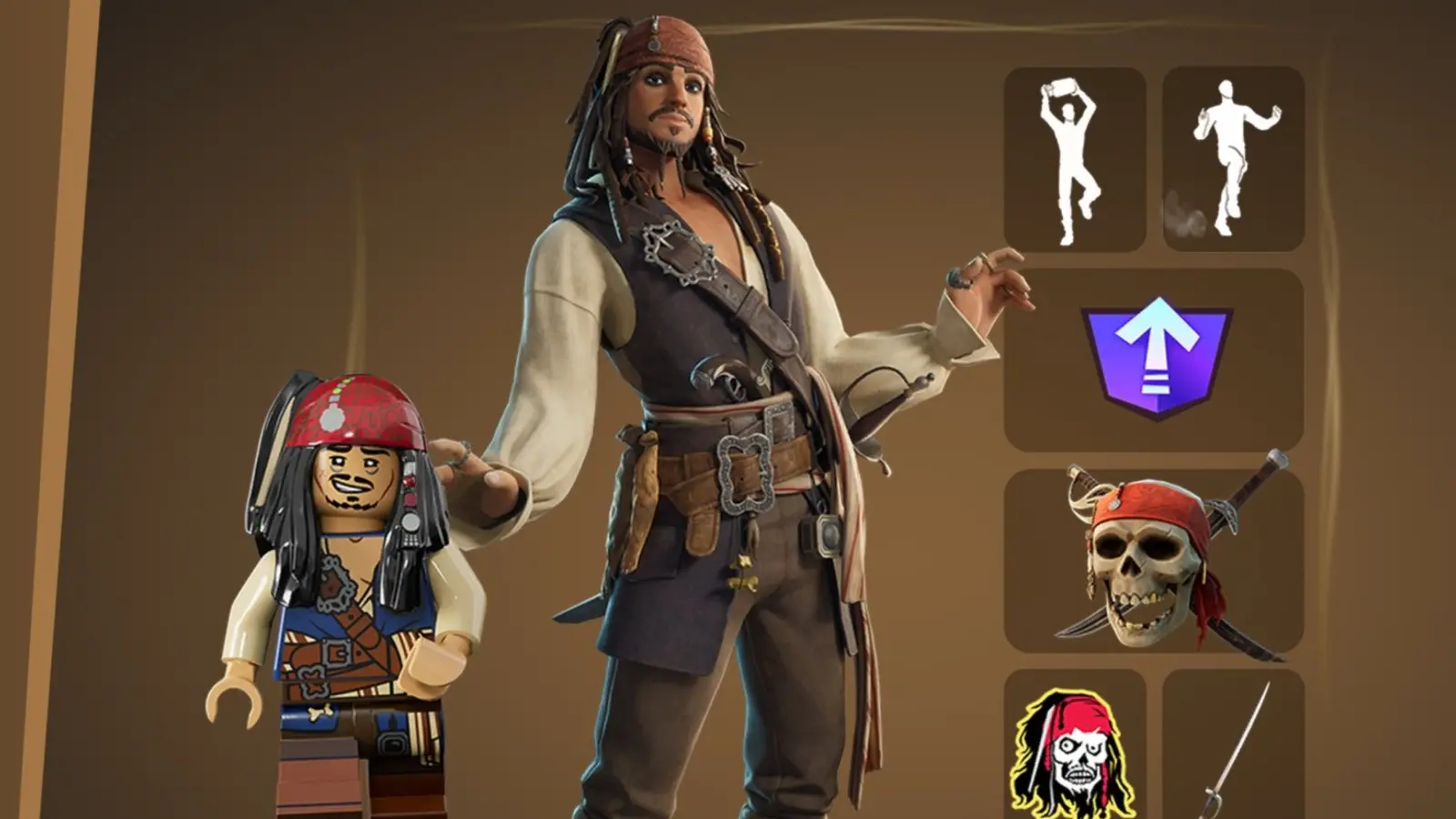 A screenshot featuring Jack Sparrow cosmetics in Fortnite.