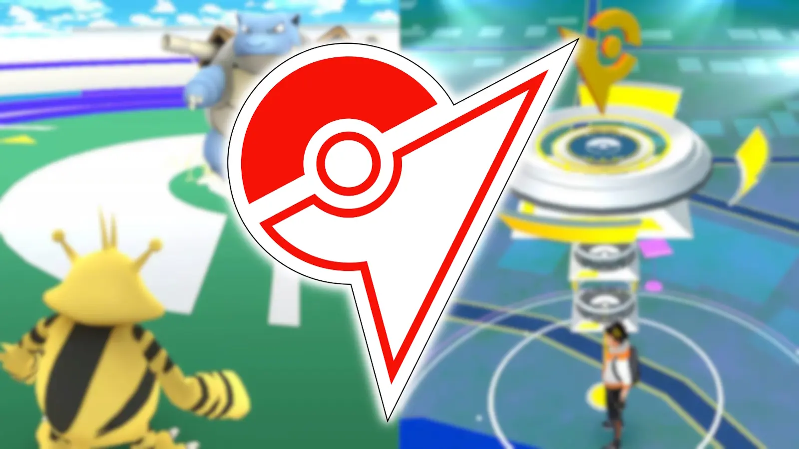 Pokemon Go gym symbol with gym battles in background.