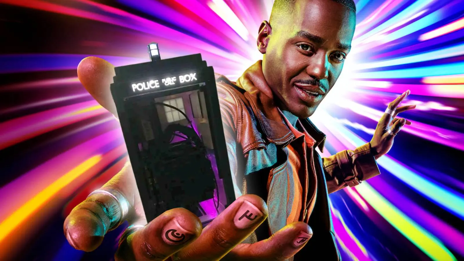 Image of the custom TARDIS PC by Reddit user ScottyArrgh being held by the Doctor from Doctor Who.