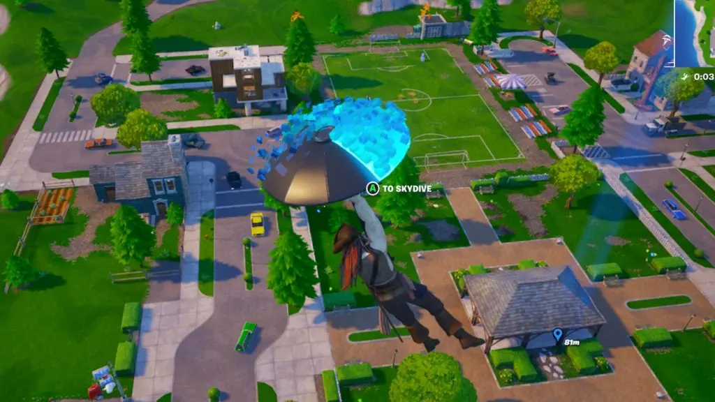 A screenshot featuring Pleasant Park in Fortnite.