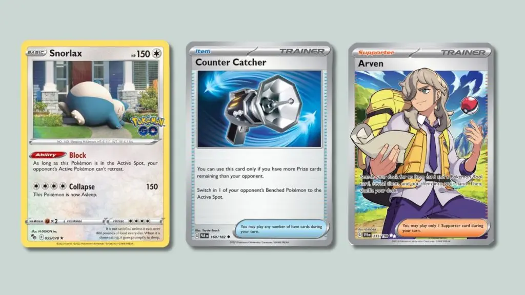 Snorlax, Counter Catcher, and Arven Pokemon cards.