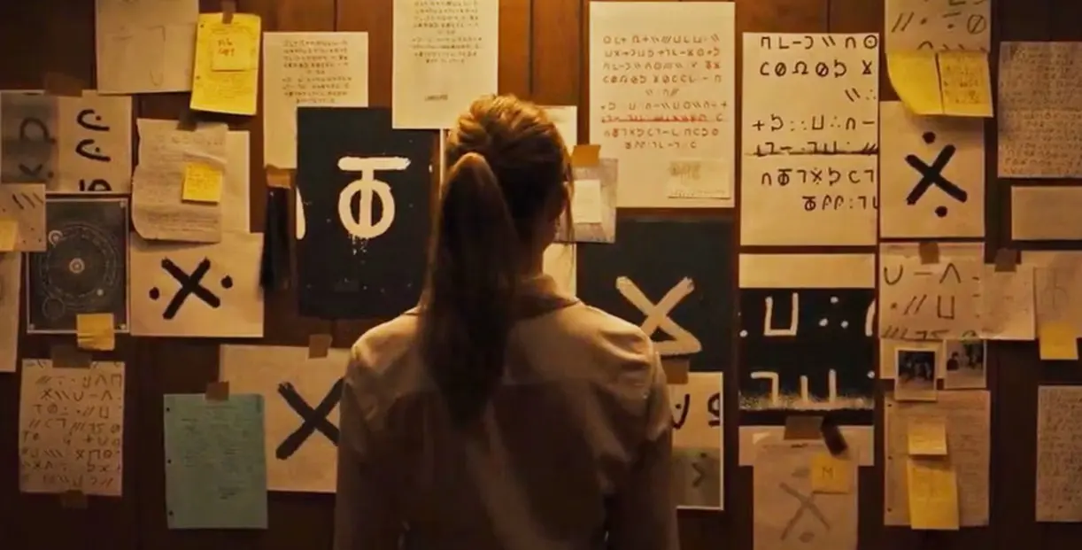 Maika Monroe as Lee Harker in Longlegs, staring at a wall full of pictures and letters