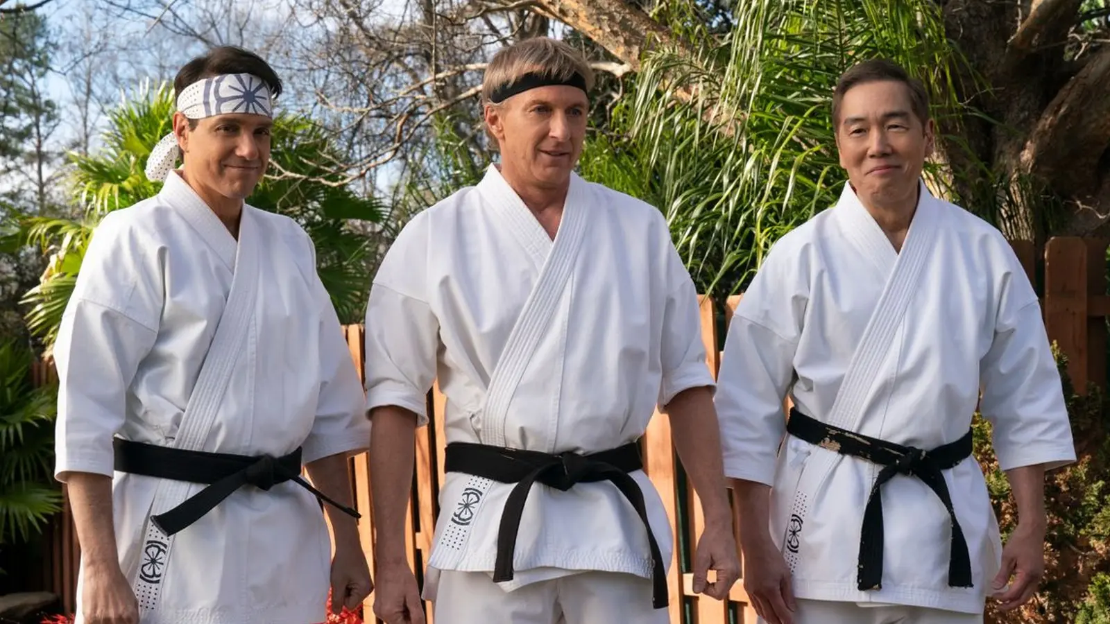 Daniel, Johnny, and Chozen lining up in Cobra Kai.