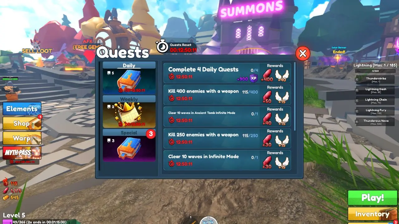 All quests in Elemental Dungeons