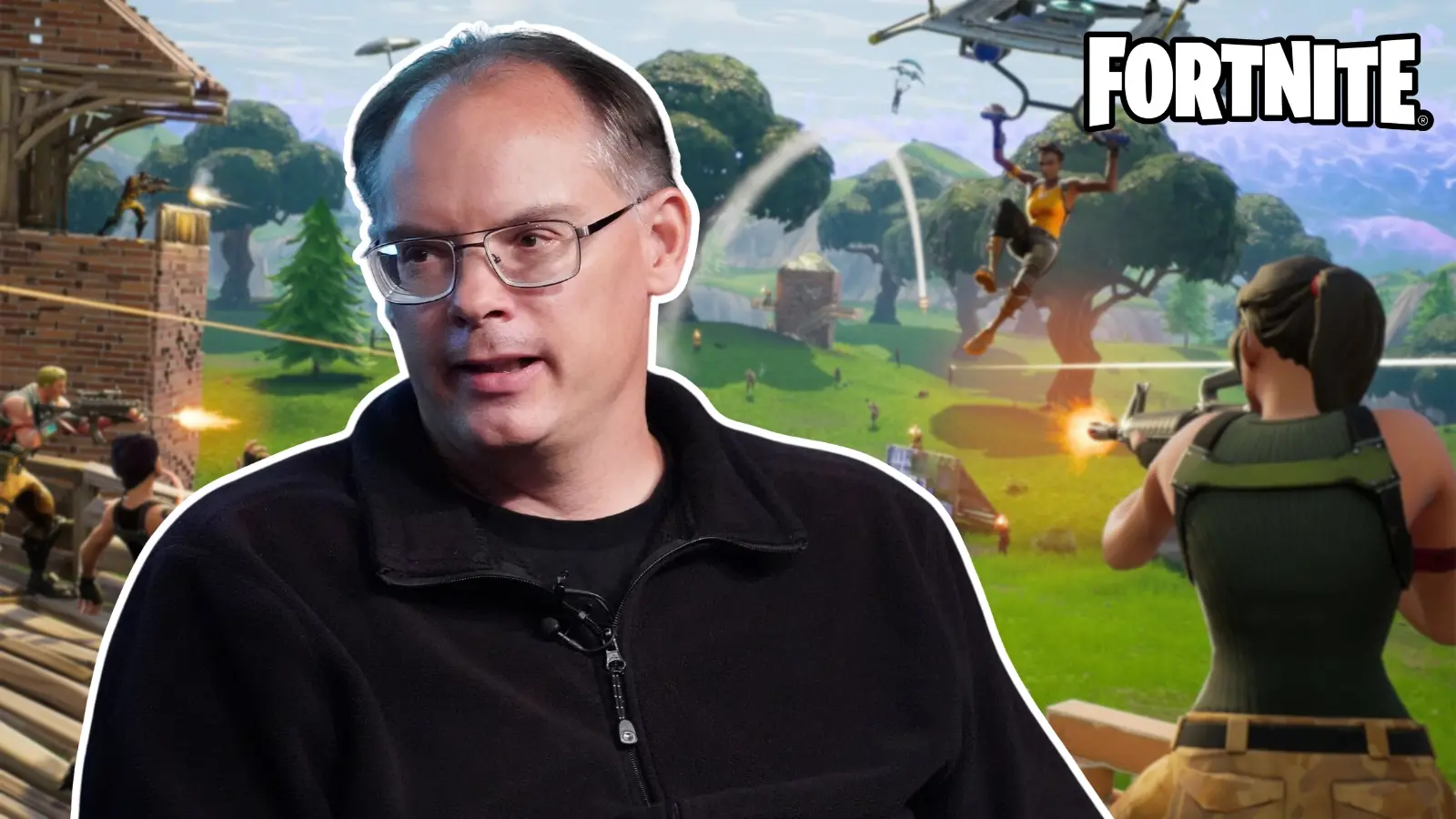 Tim Sweeney in front of Fortnite key art