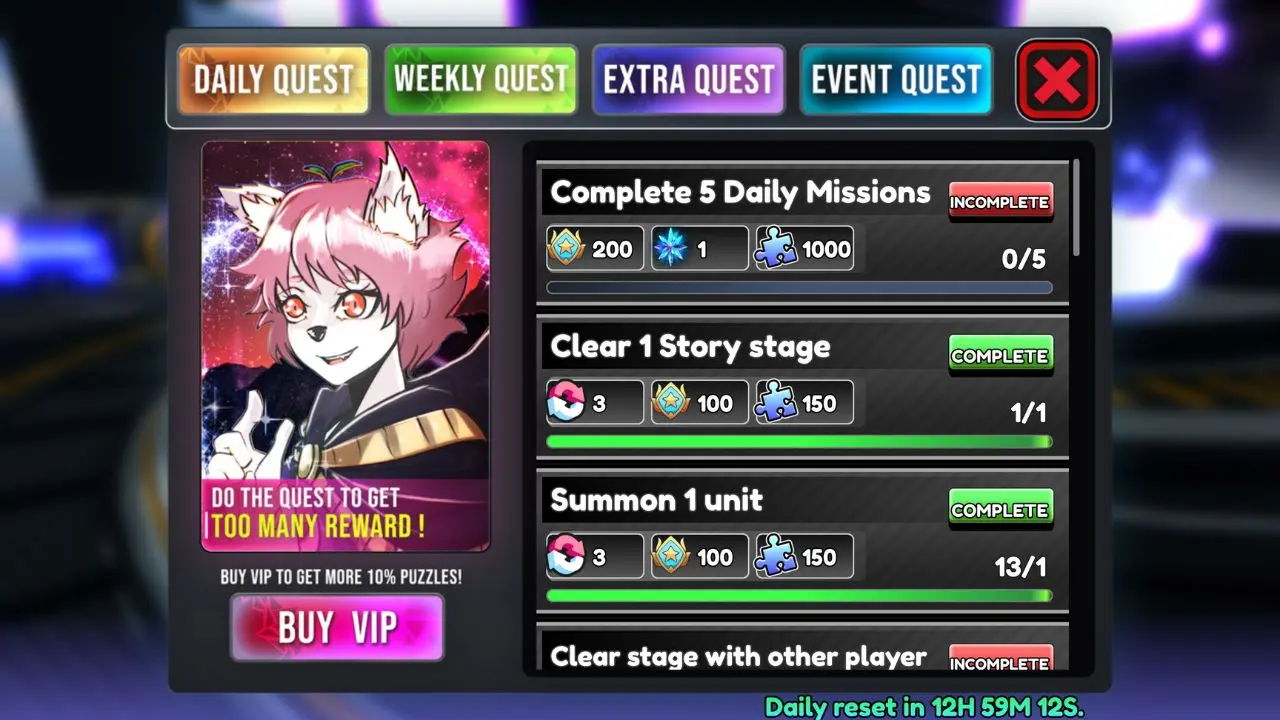 An image of the quests menu in Anime World Tower Defense.