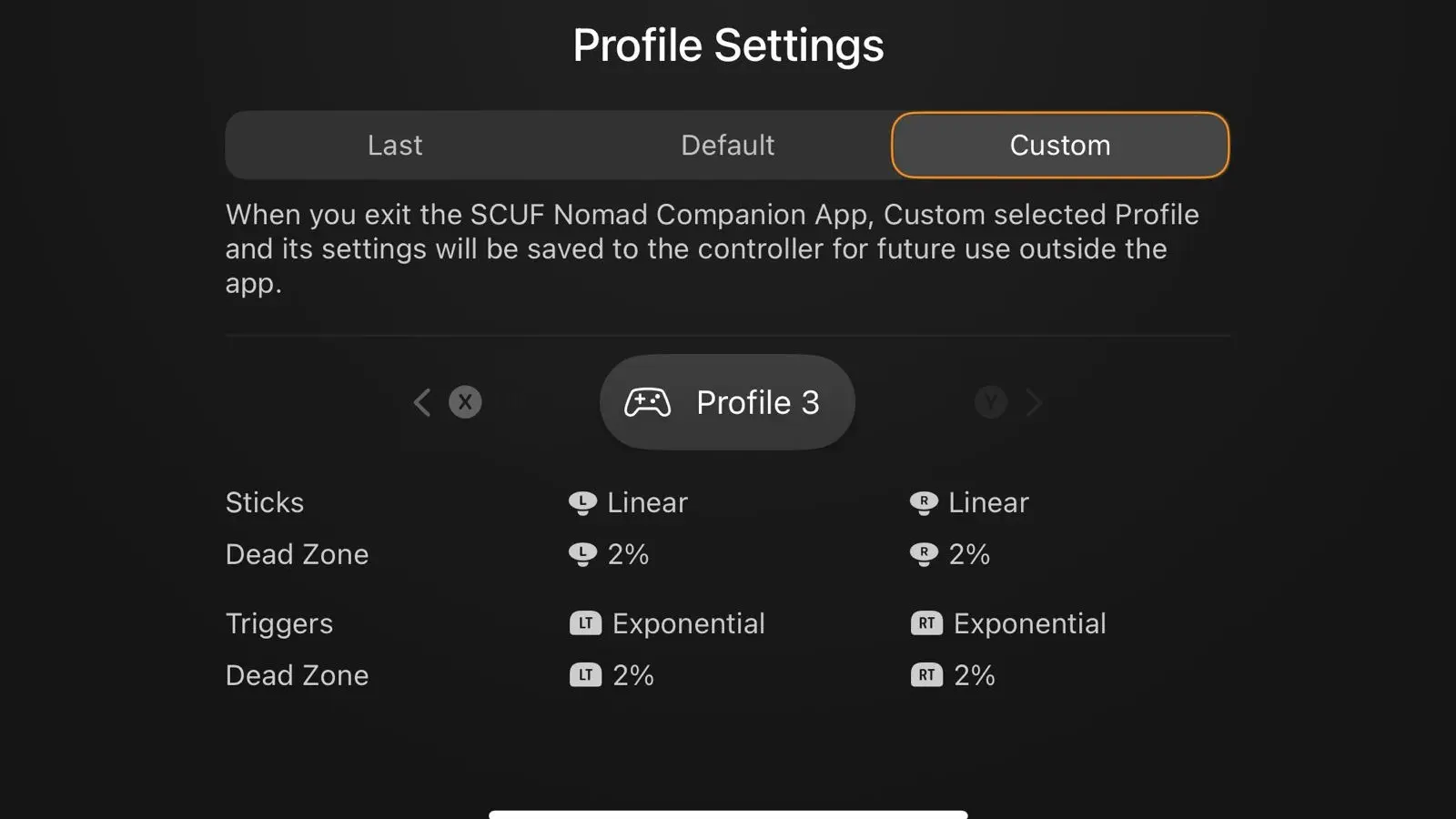 Scuf nomad software showing settings