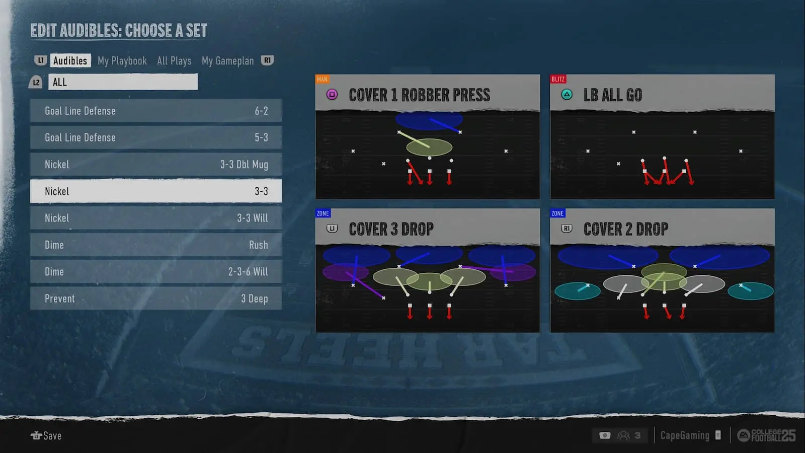 A screenshot of the 3-3-5 playbook in NCAA 25, one of the best defense playbooks in College Football 25.