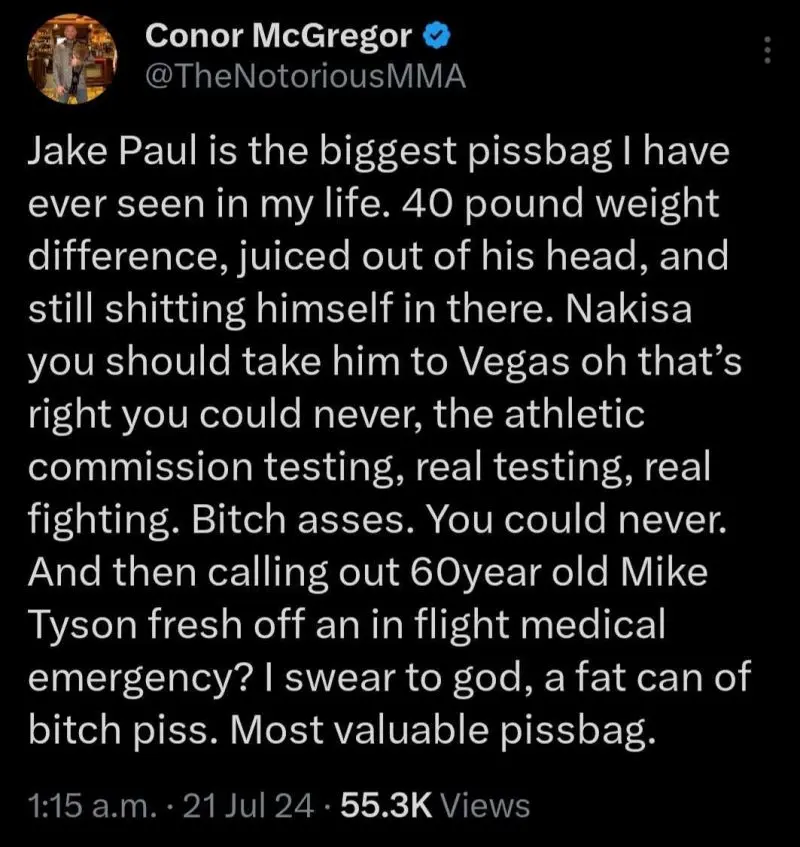 conor mcgregor comments on jake paul/mike perry fight