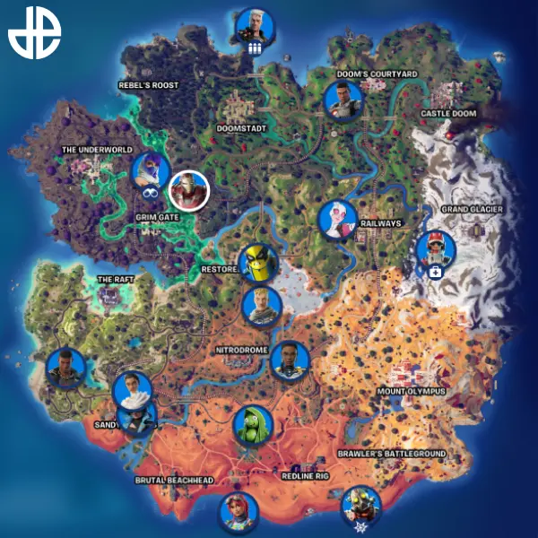 All NPC locations on the Fortnite map after the 31.20 update.