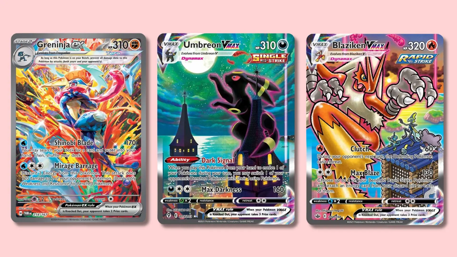 Greninja, Umbreon, and Blaziken Pokemon cards.