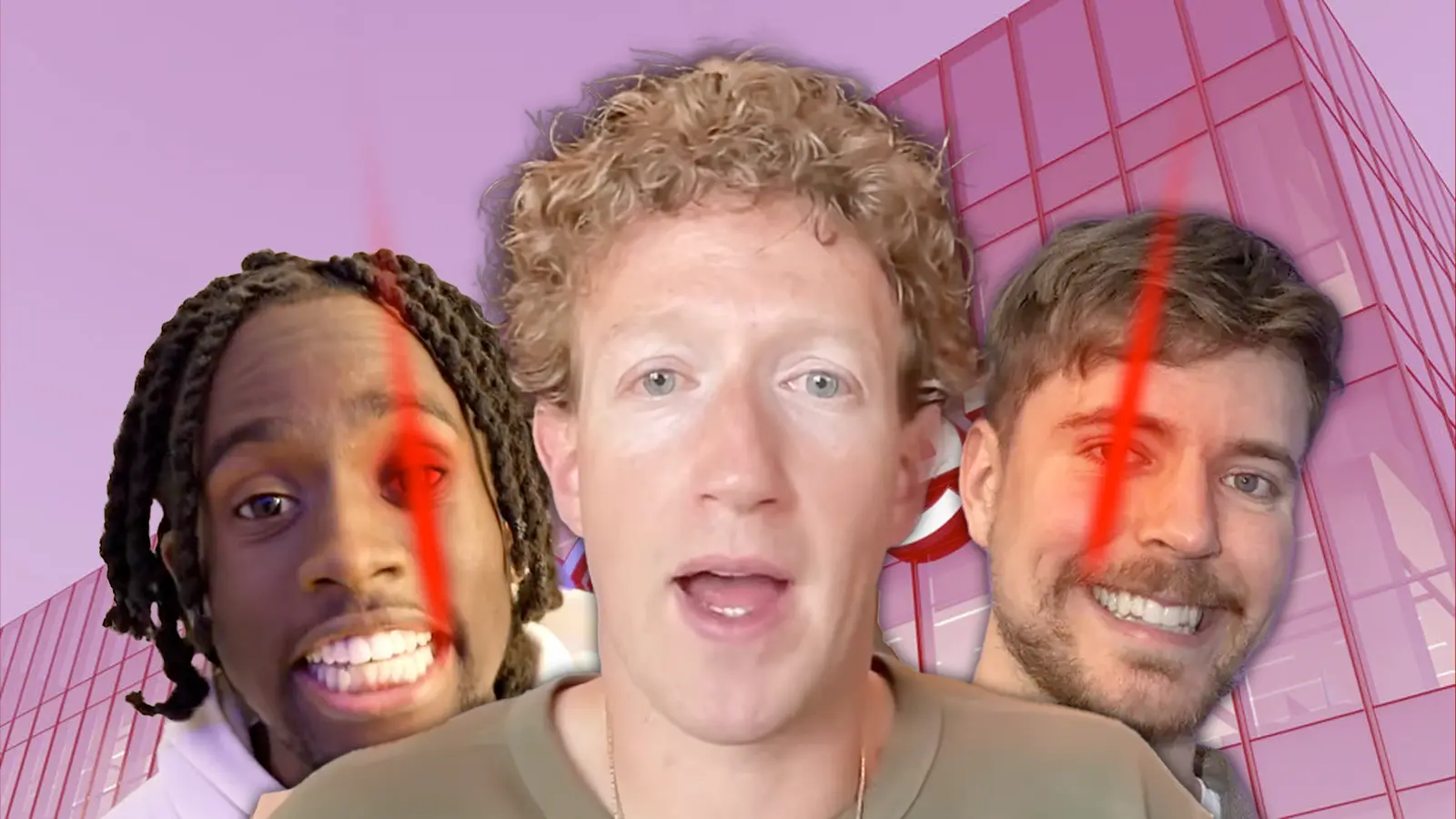 zuckerberg with mr beast and kai cenat with red lights over their eyes to indicate robots