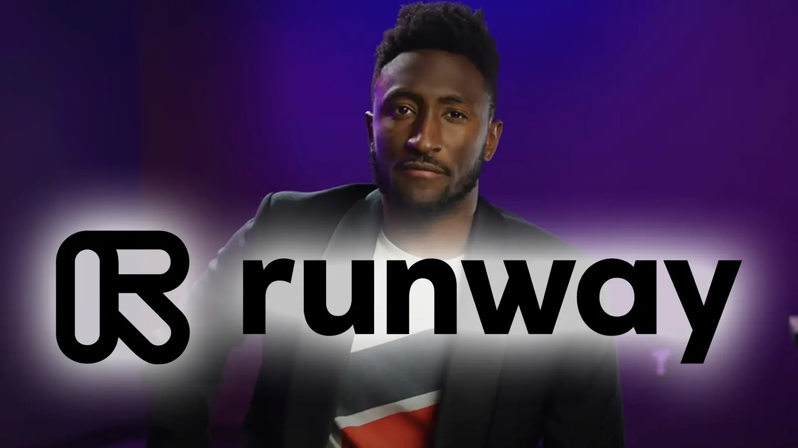 MKBHD on a purple background with the runway AI logo on top of it