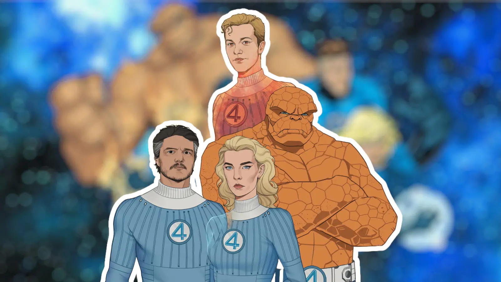 The Fantastic Four in front of a comic panel