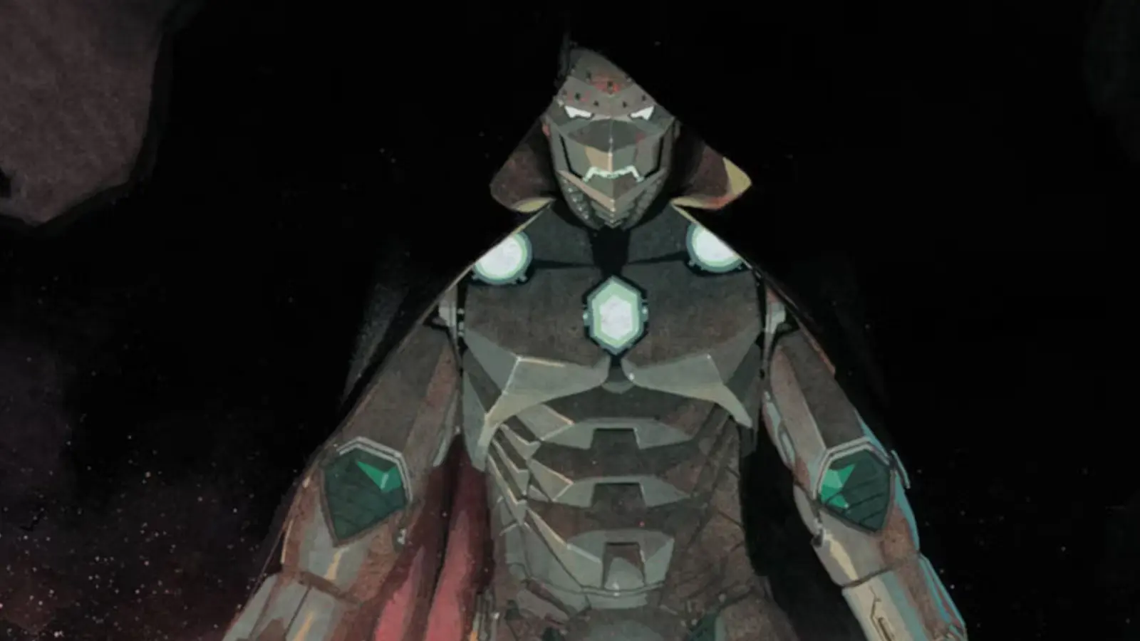 The cover to Infamous Iron Man showing Doctor Doom in his Iron Man armor and cloak