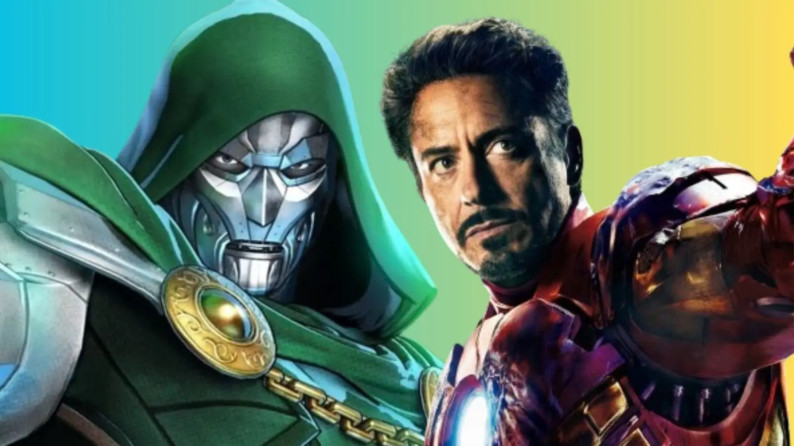 Doctor Doom in Marvel comics and Robert Downey Jr as Iron Man in the MCU