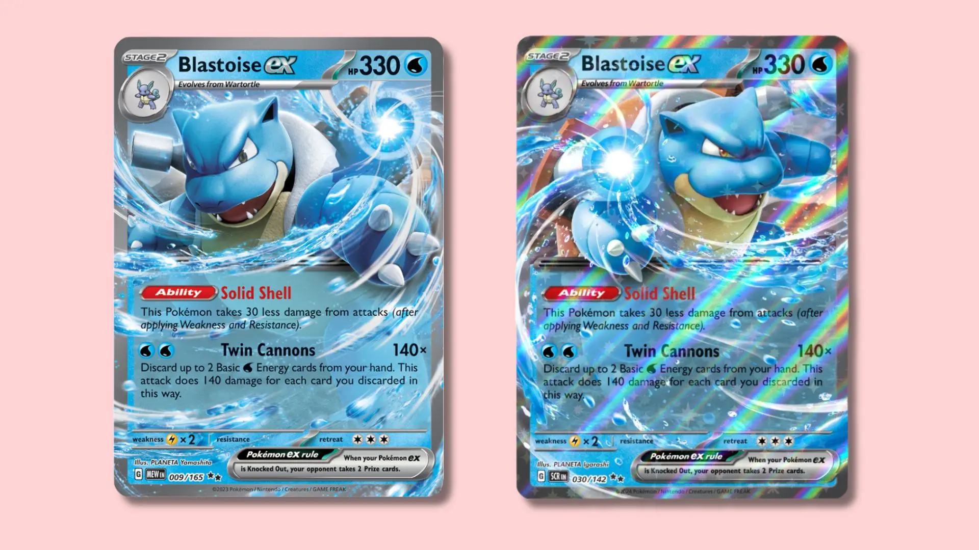 Blastoise Pokemon cards side by side with pink background.