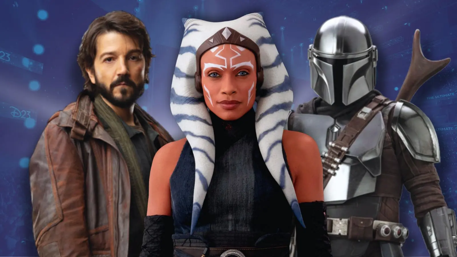 Ahsoka, Cassian Andor, and The Mandalorian in Star Wars.