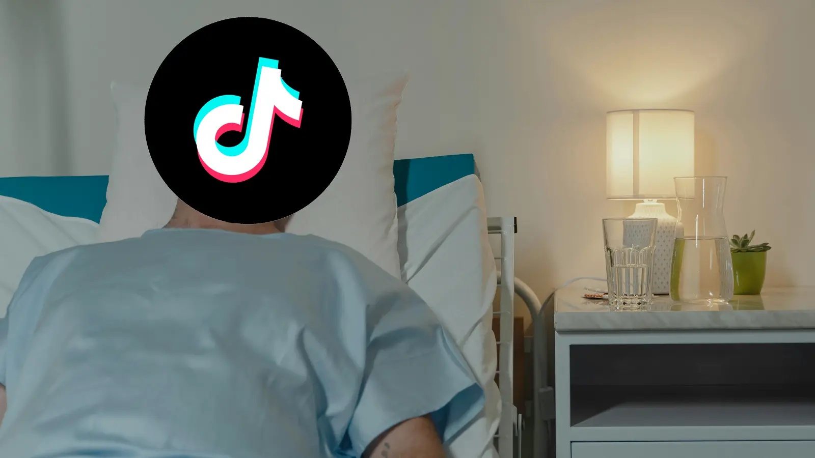 Tiktok logo over a man in bed