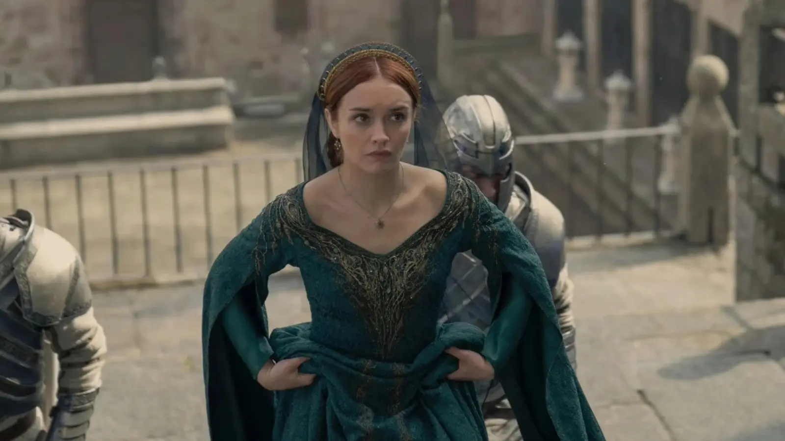 Olivia Cooke as Alicent in House of the Dragon, walking up the stairs