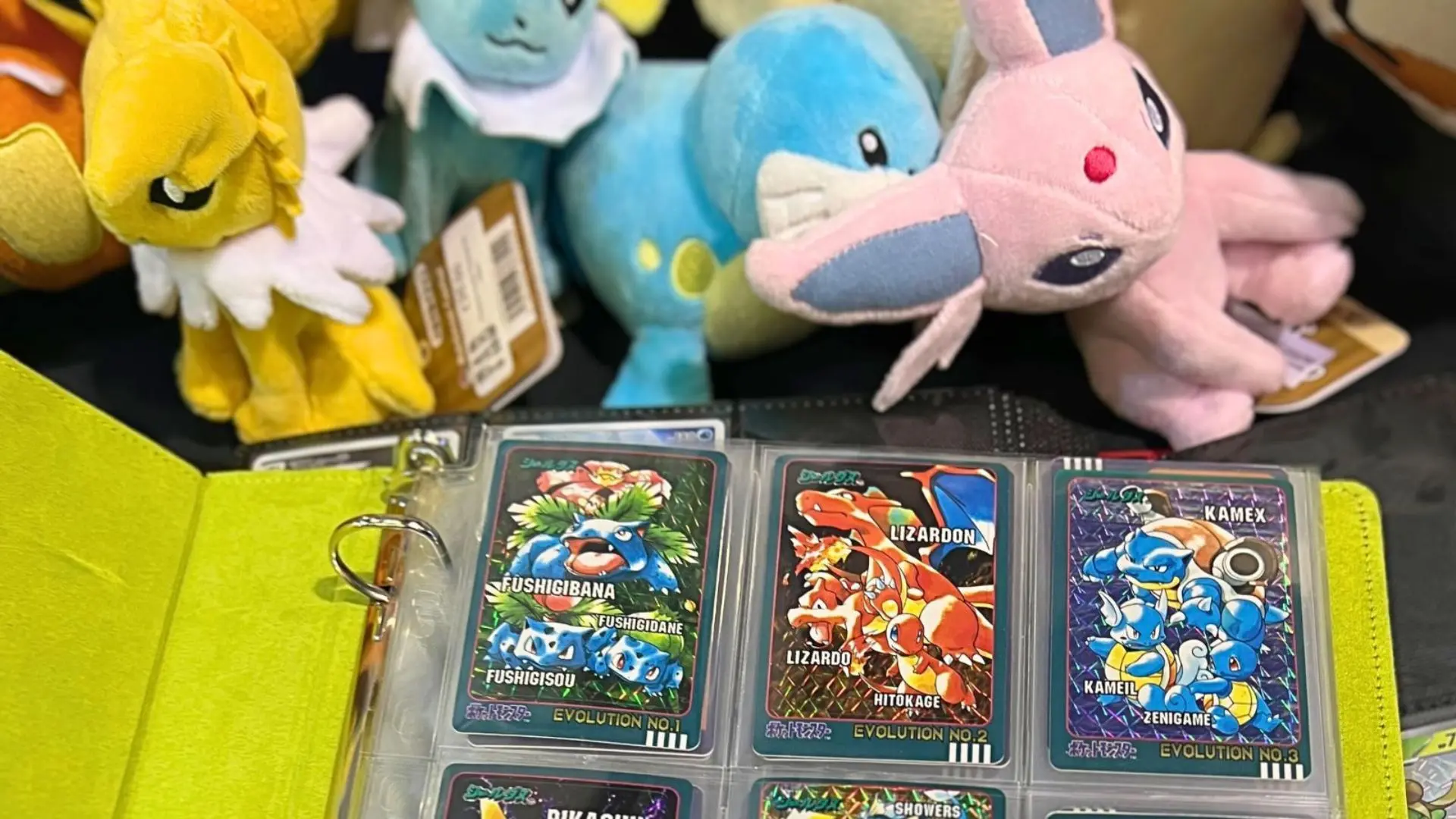 Old Pokemon cards in a binder with plushes.