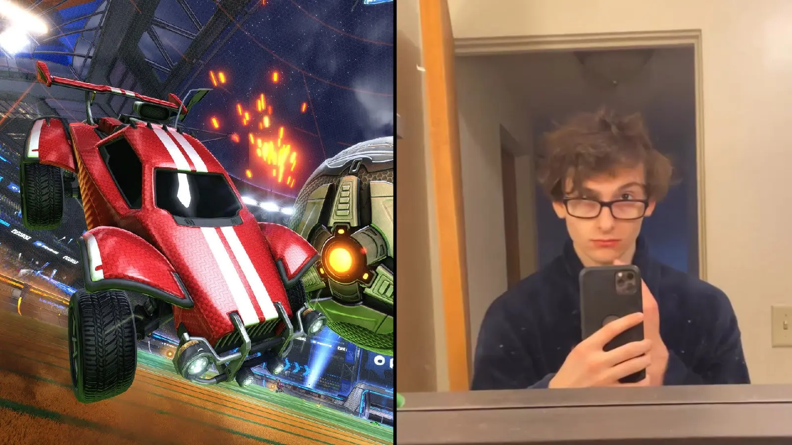 Stephen Nedoroscik next to rocket league car