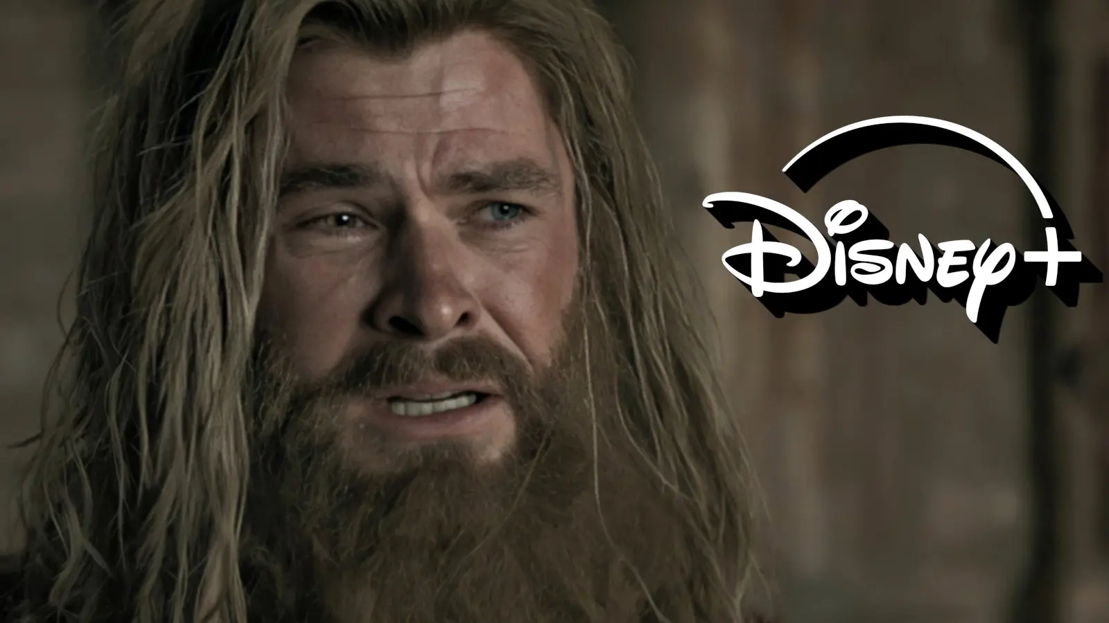 Chris Hemsworth as Thor standing next to the Disney Plus logo