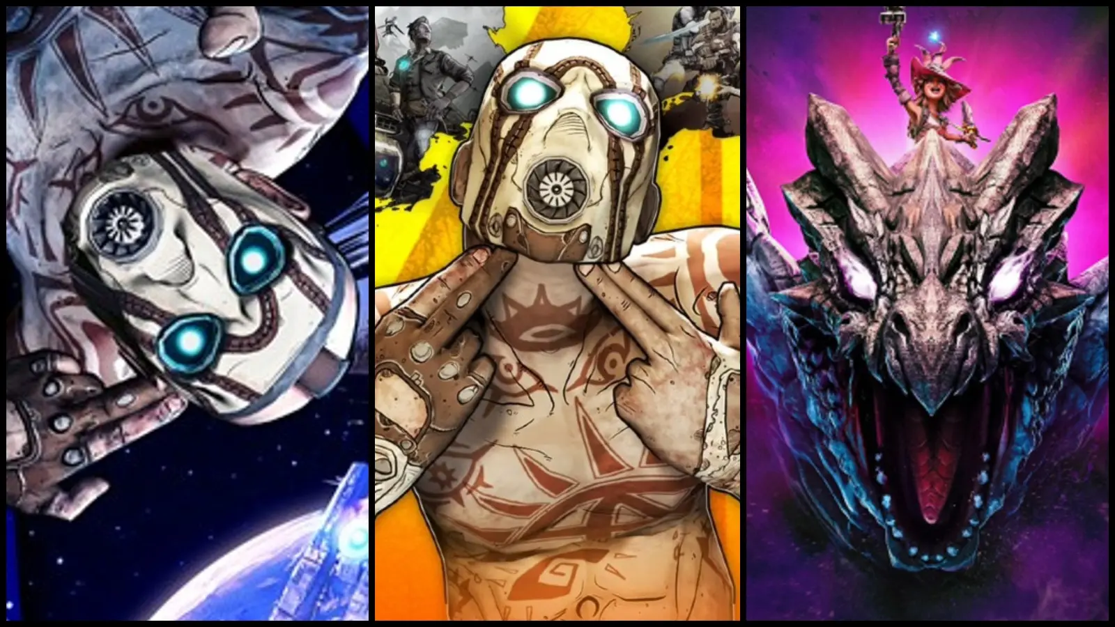 A custom image of Borderlands 2, Tiny Tina's Wonderlands, and Borderlands The Pre-Sequel artwork.