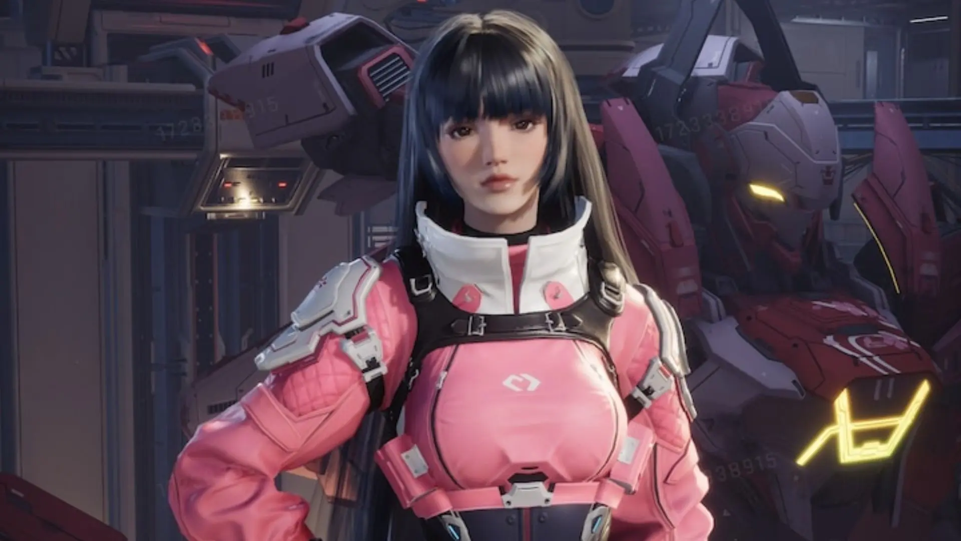 Girl with a pink jacket, black hair, standing in front of a mech