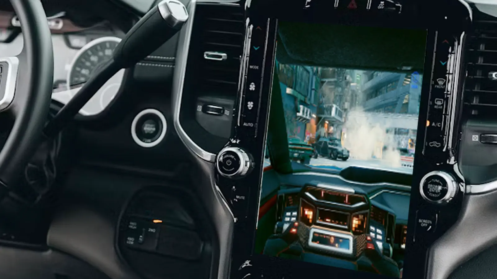 intel car represented by an in-game screenshot of Cyberpunk 2077 being played inside a car. The screen shows the POV of the user driving in game.