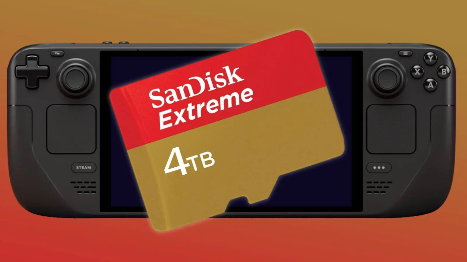 Image of a mock-up 4TB microSD card on top of a Steam Deck.