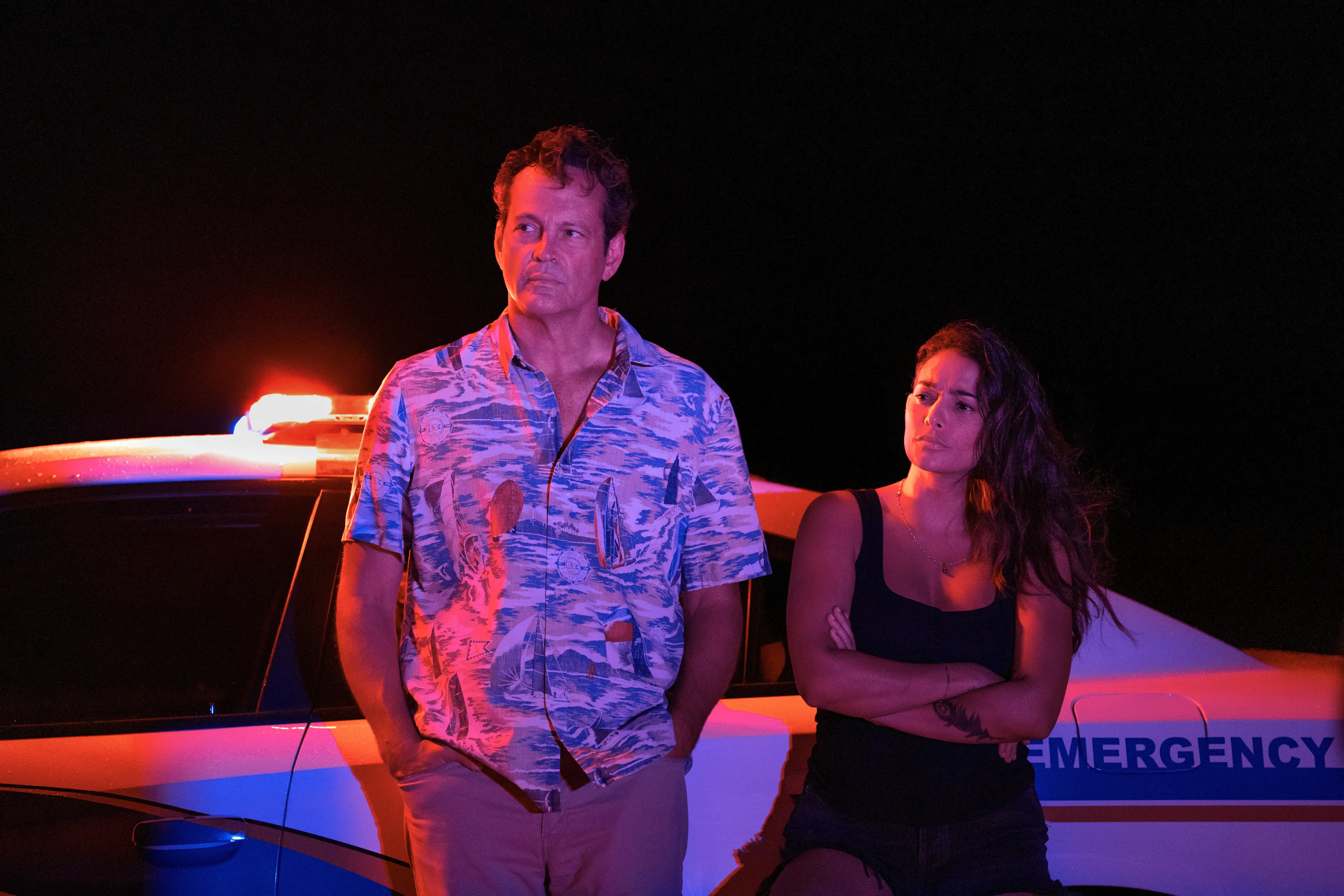 Vince Vaughn and Natalie Martinez in Bad Monkey Episode 8.